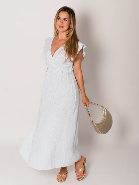 Leonora Stripes Musselin Kleid - Türkis/Weiß