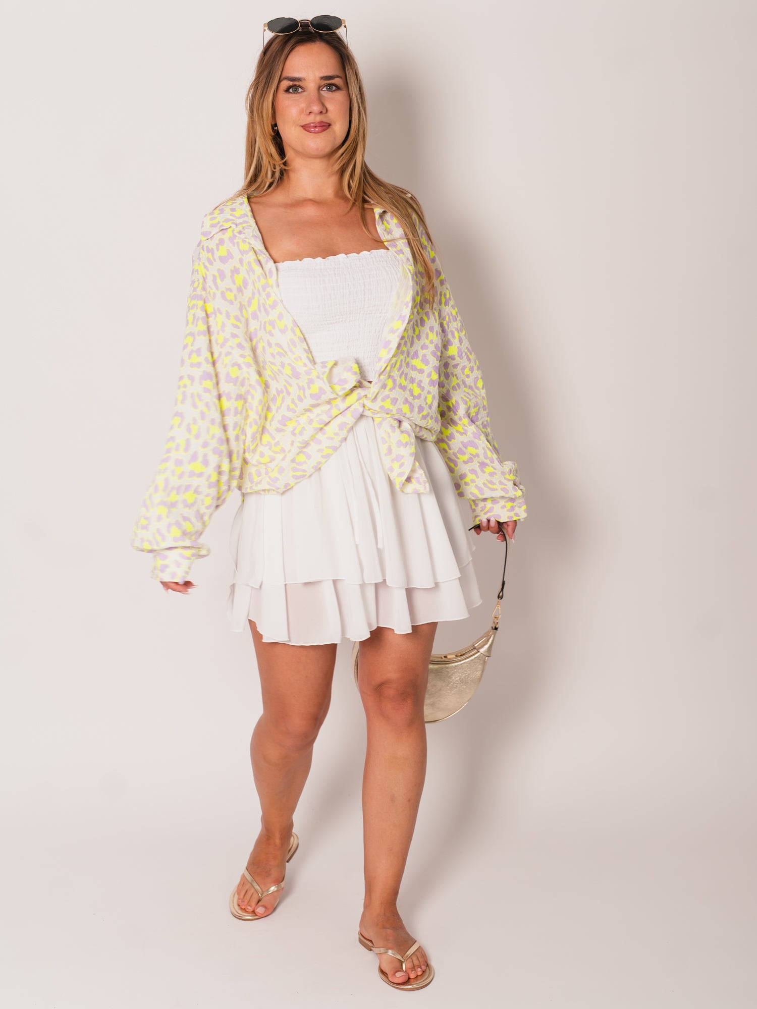 Leo Midi Waffle Bluse - Lila/Gelb
