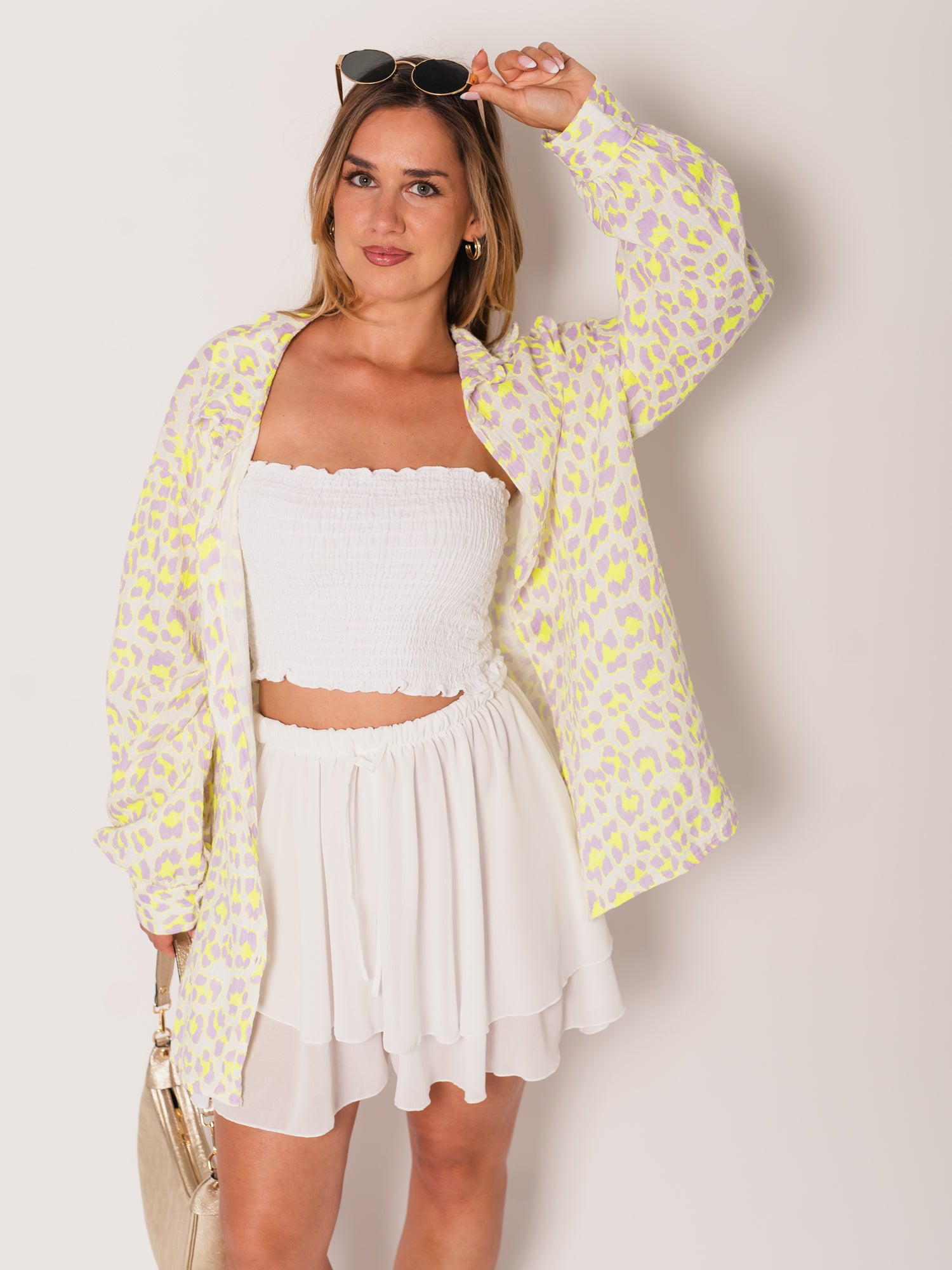 Leo Midi Waffle Bluse - Lila/Gelb