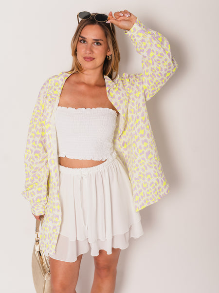 Leo Midi Waffle Bluse - Lila/Gelb