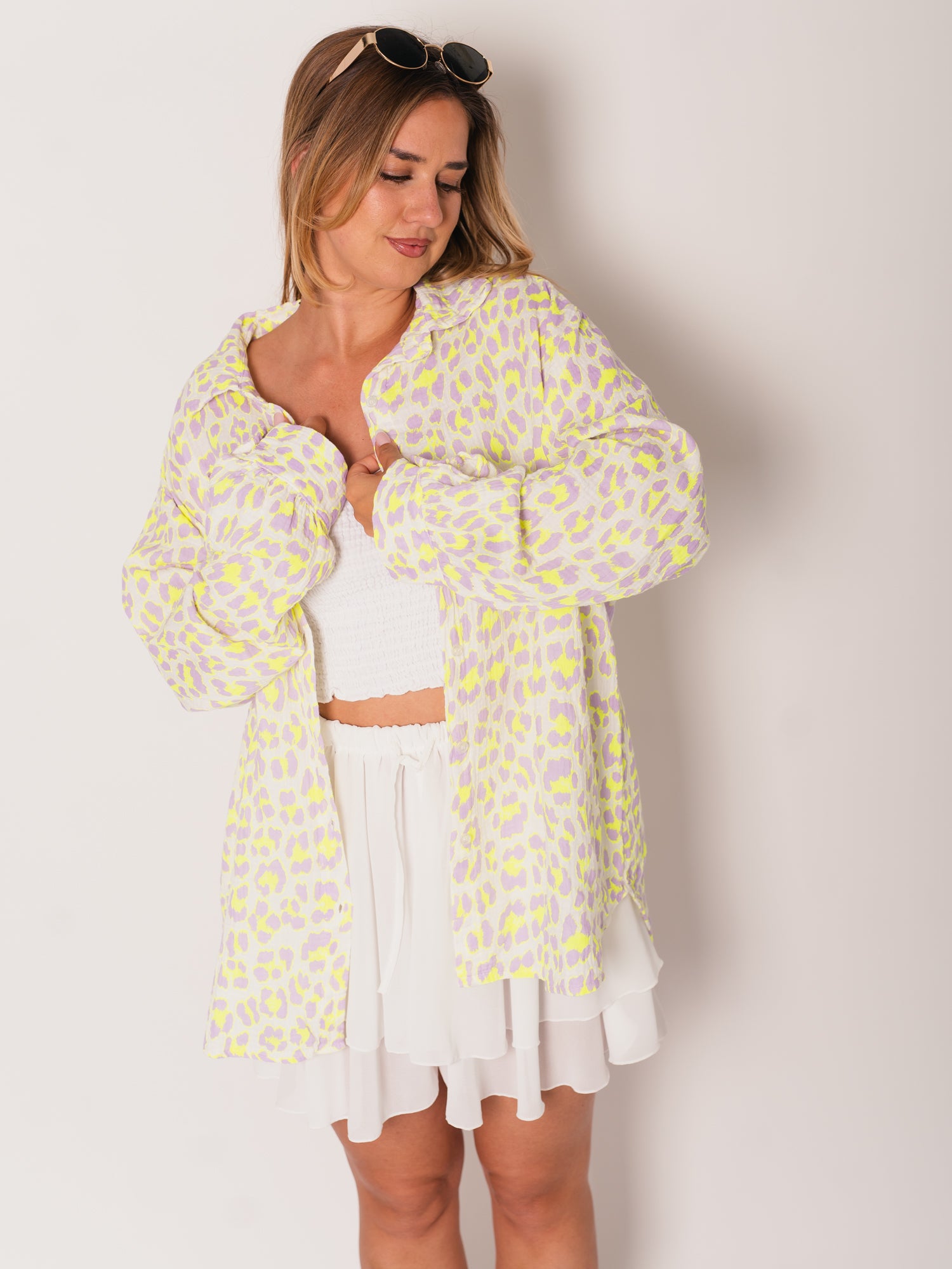 Leo Midi Waffle Bluse - Lila/Gelb