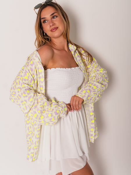 Leo Midi Waffle Bluse - Lila/Gelb