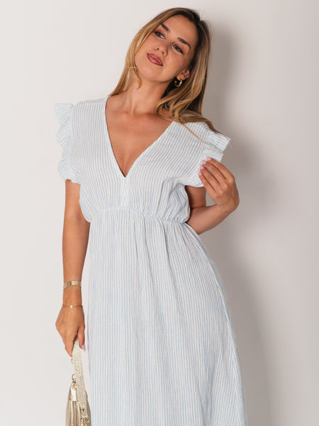 Leonora Stripes Musselin Kleid - Türkis/Weiß