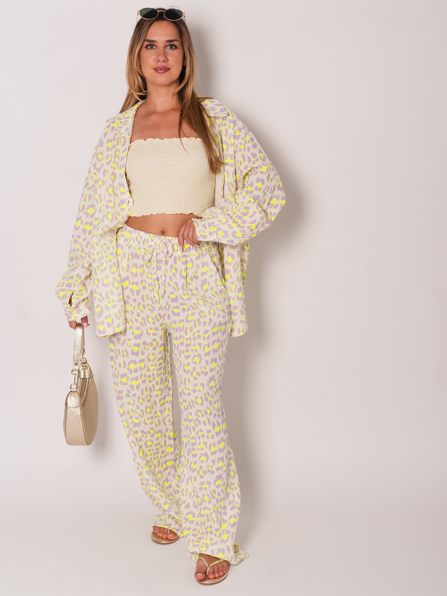 Leo Midi Waffle Bluse - Lila/Gelb