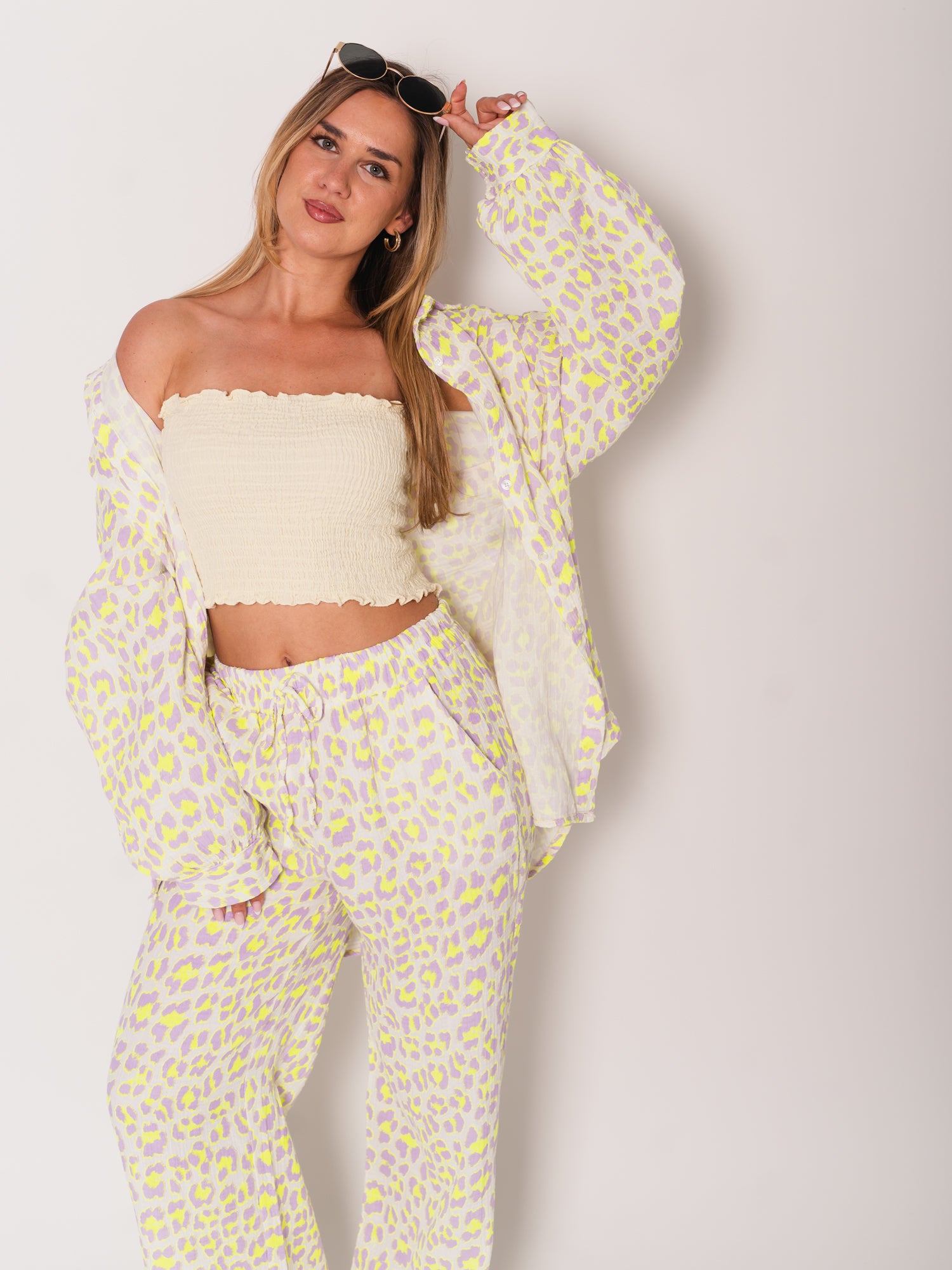 Leo Midi Waffle Bluse - Lila/Gelb