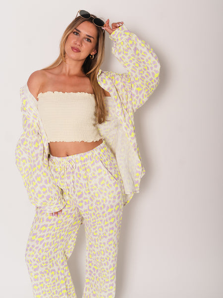 Leo Midi Waffle Bluse - Lila/Gelb