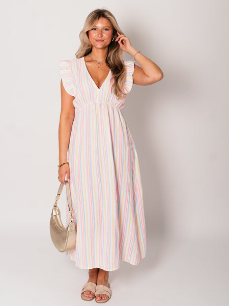 Leonora Stripes Musselin Kleid - Bunt/Blau