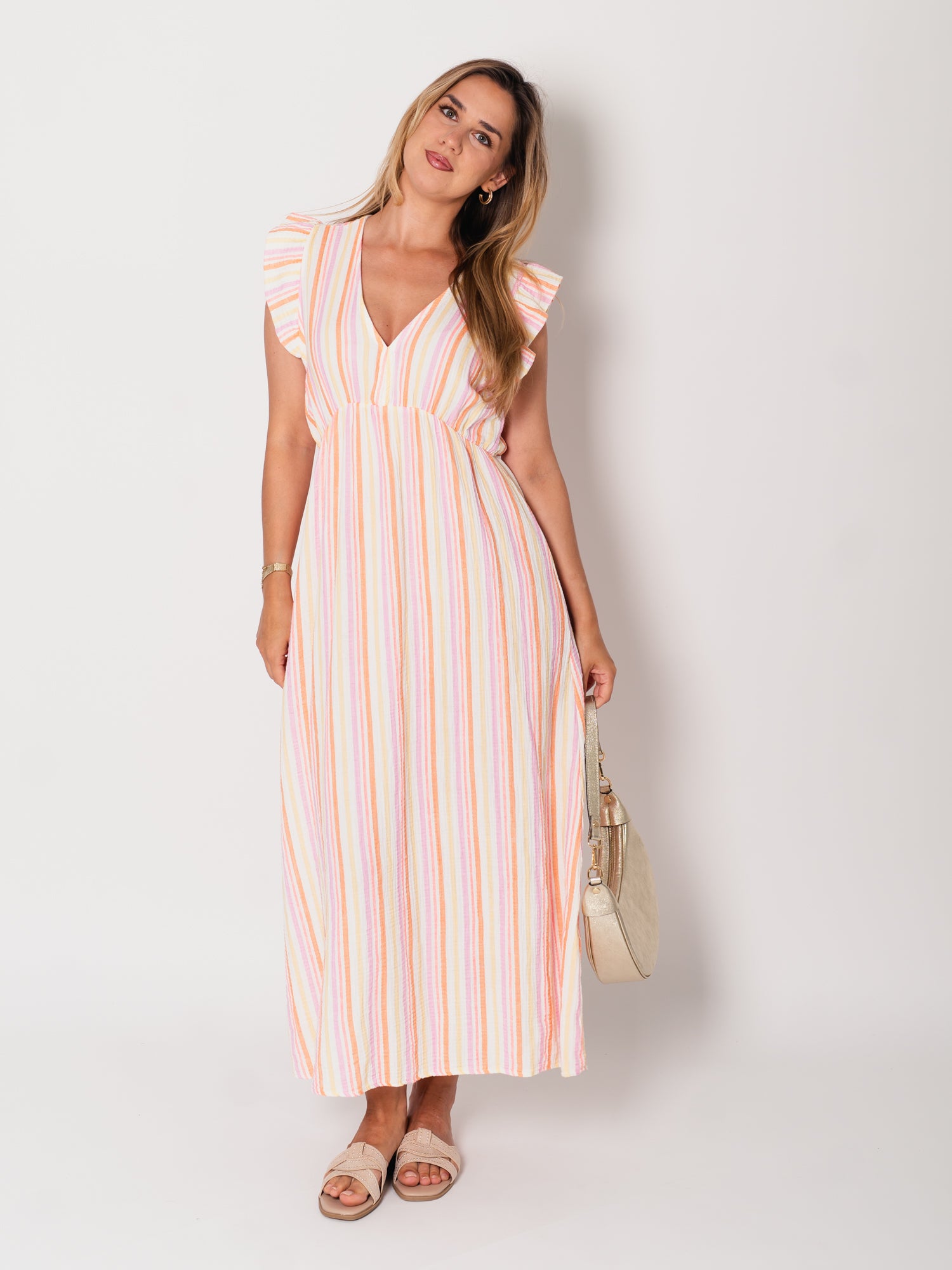 Leonora Stripes Musselin Kleid - Bunt/Orange