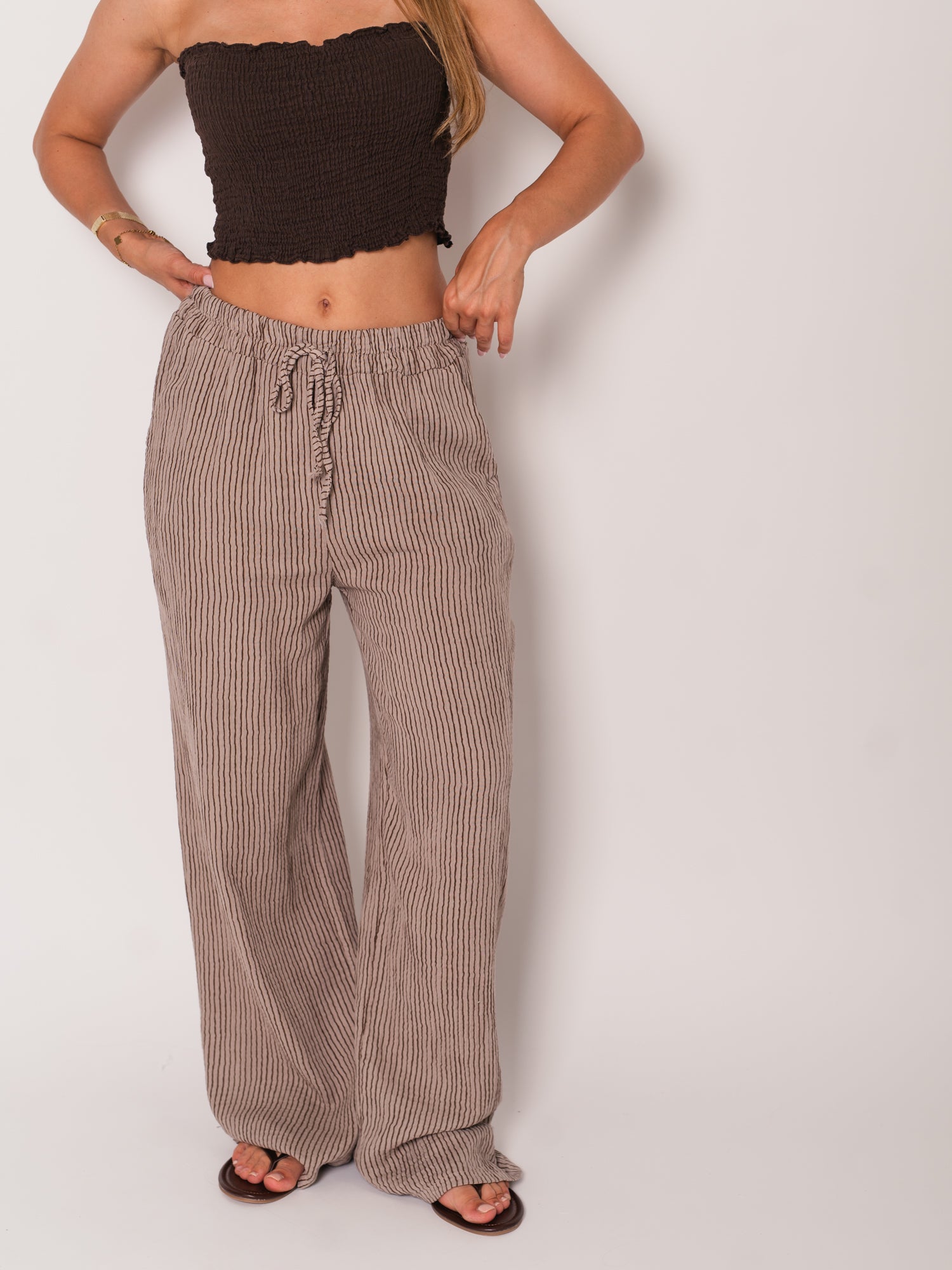 Beachy Musselin Hose -  Streifen/Braun/Taupe