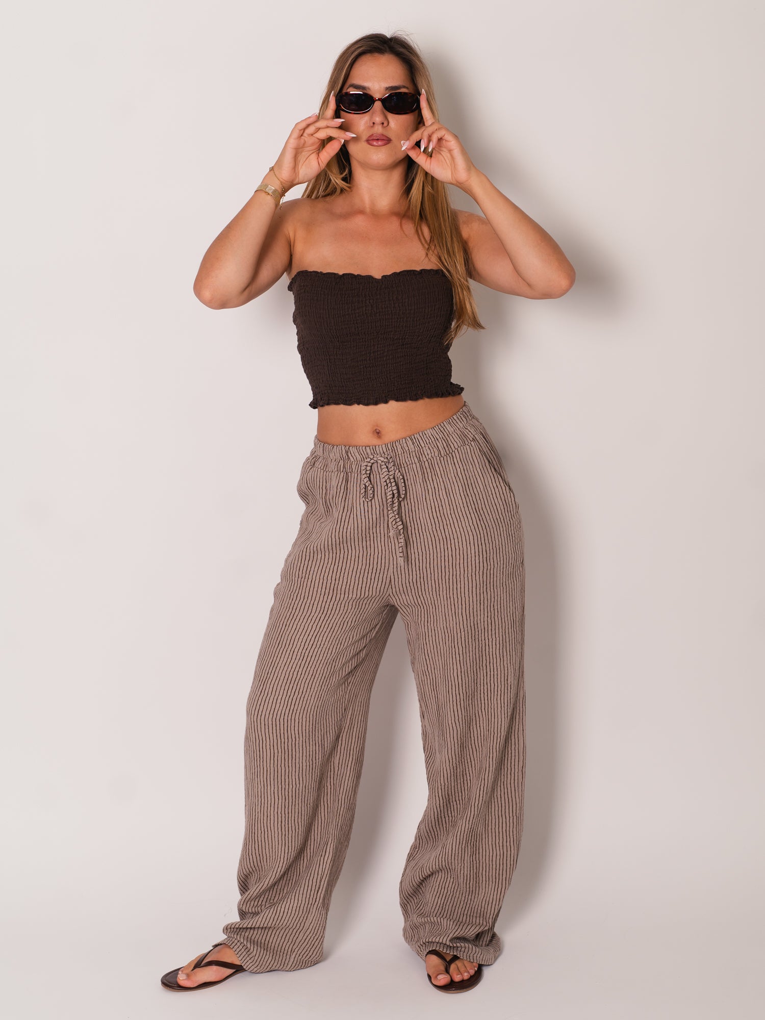 Beachy Musselin Hose -  Streifen/Braun/Taupe