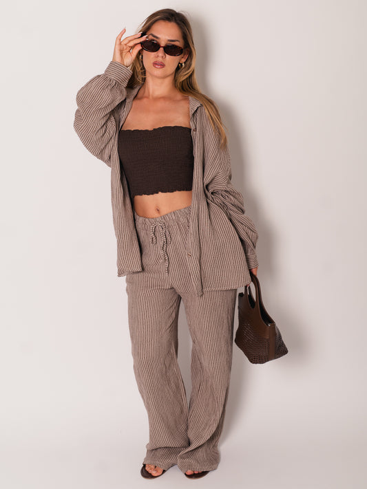 Beachy Musselin Hose -  Streifen/Braun/Taupe