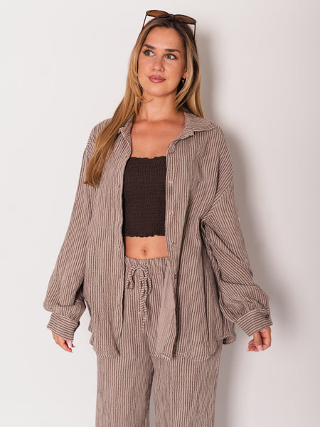 Midi Streifen Musselin Bluse - Taupe/Braun