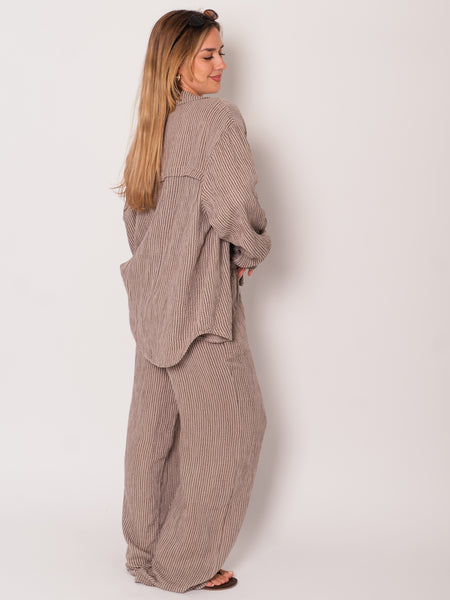 Midi Streifen Musselin Bluse - Taupe/Braun