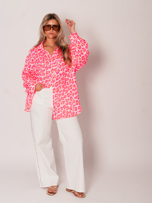 Leo Midi Waffle Bluse - Weiß/Pink/Orange