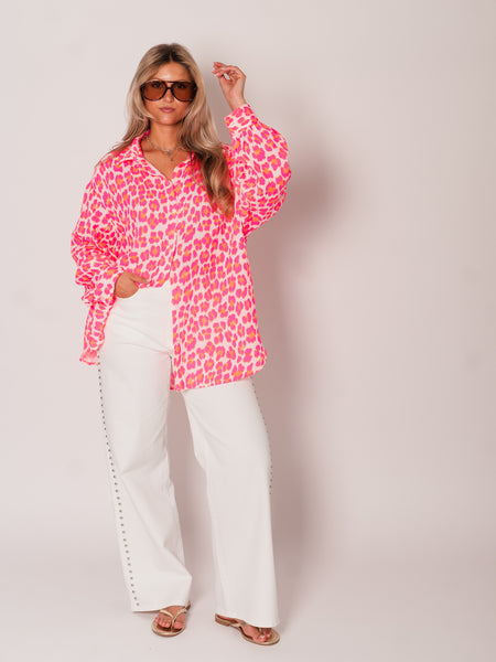 Leo Midi Waffle Bluse - Weiß/Pink/Orange