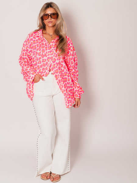 Leo Midi Waffle Bluse - Weiß/Pink/Orange