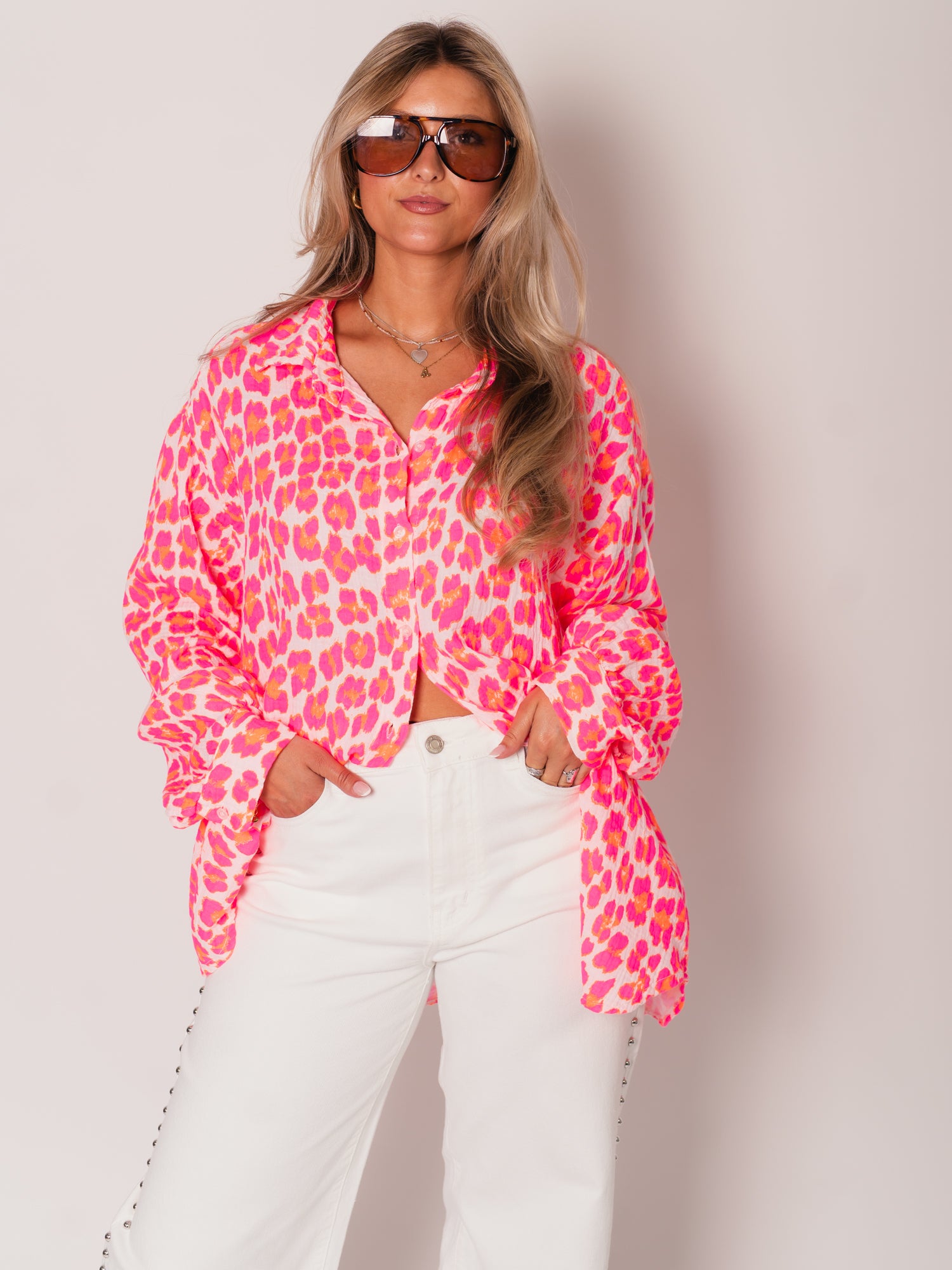Leo Midi Waffle Bluse - Weiß/Pink/Orange