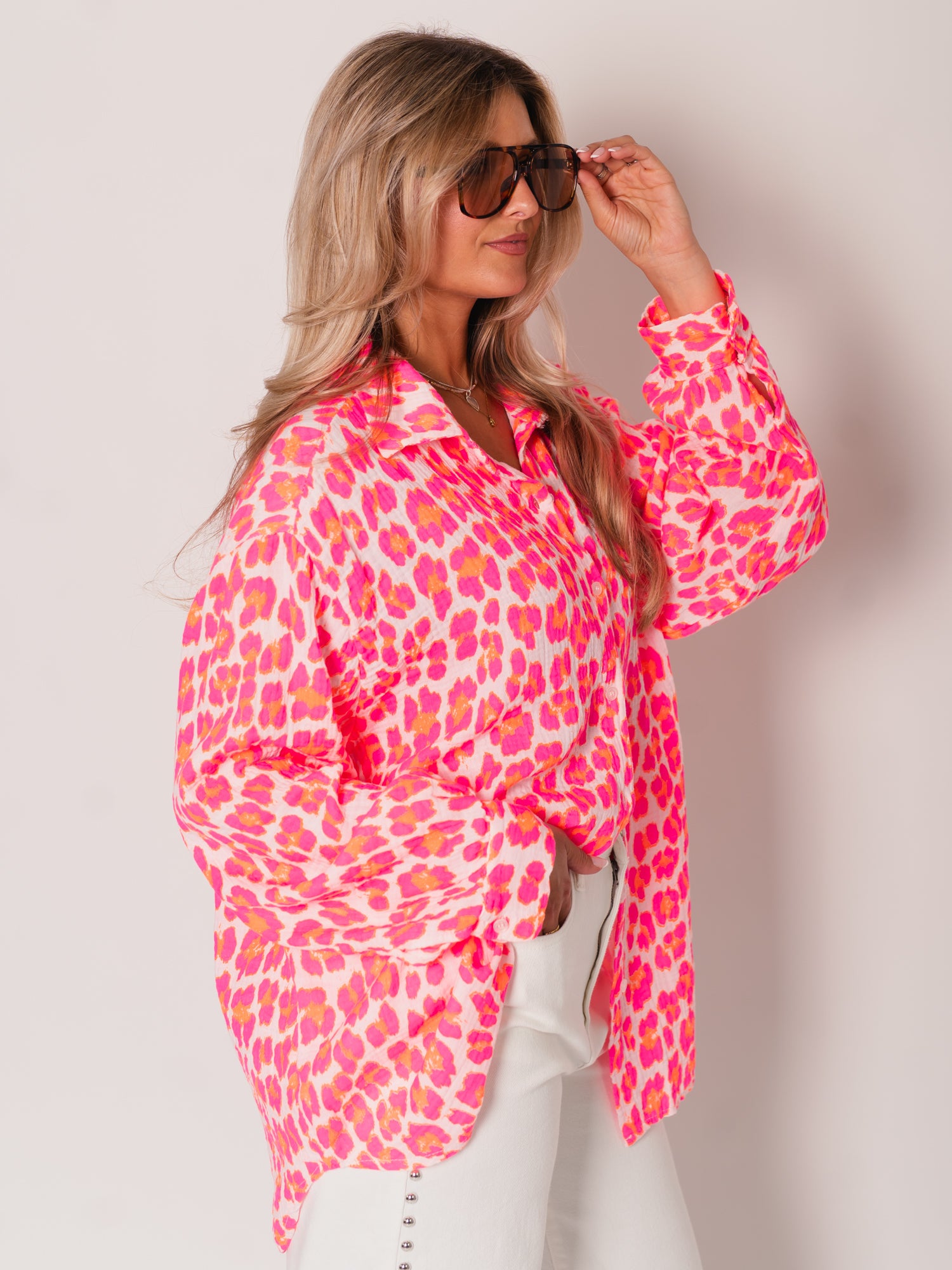 Leo Midi Waffle Bluse - Weiß/Pink/Orange
