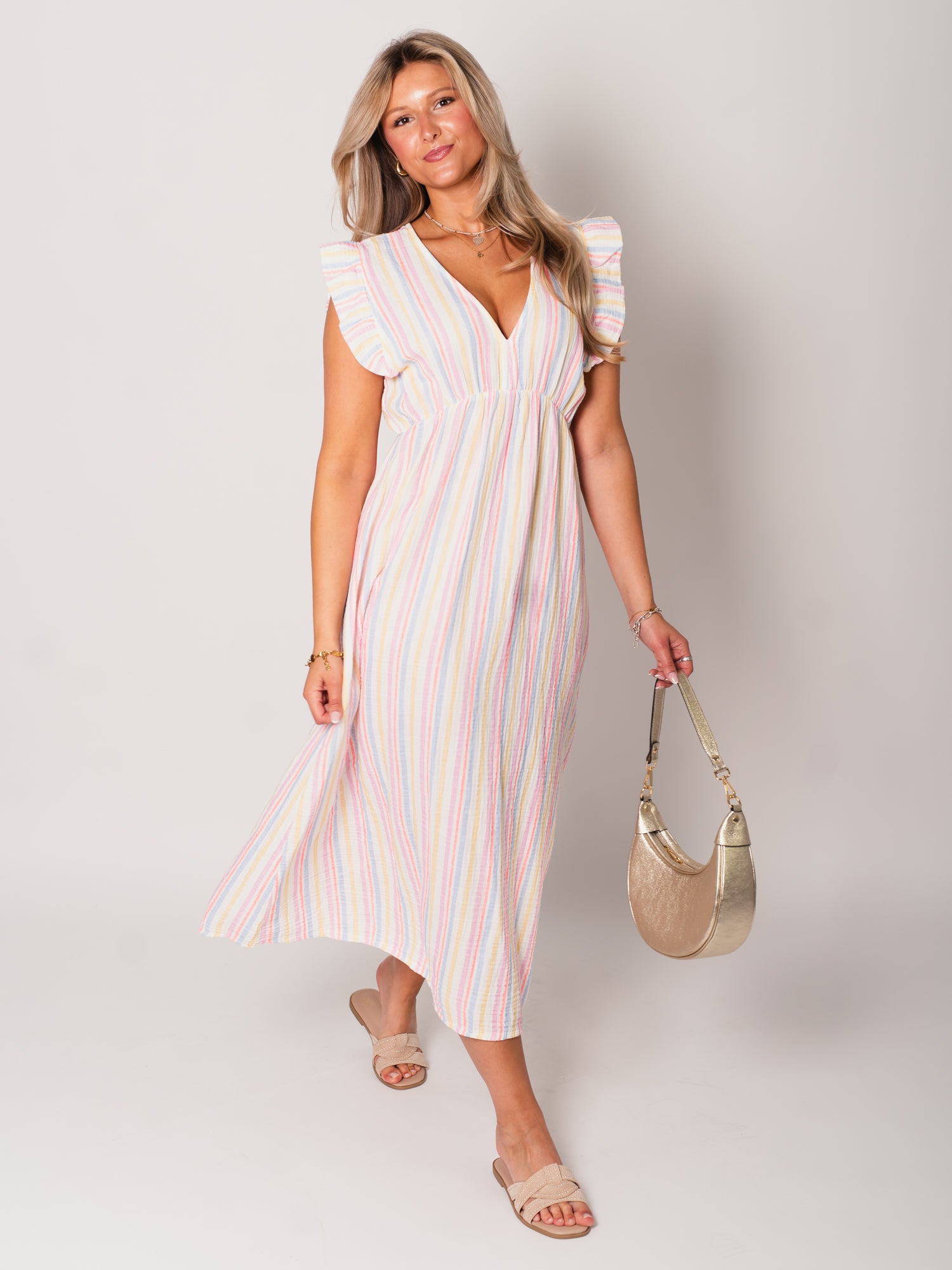 Leonora Stripes Musselin Kleid - Bunt/Blau