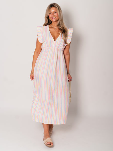 Leonora Stripes Musselin Kleid - Bunt/Blau