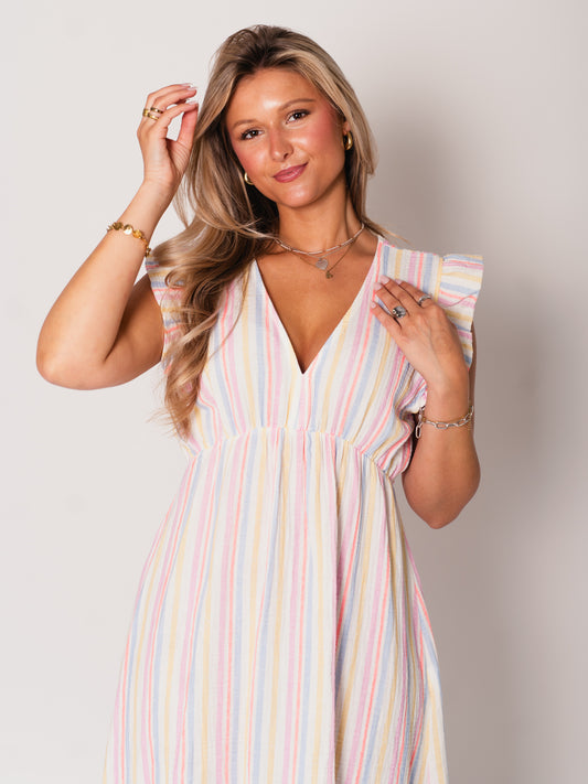 Leonora Stripes Musselin Kleid - Bunt/Blau
