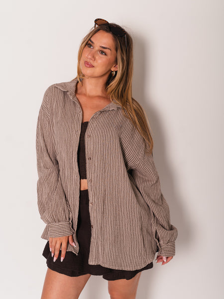 Midi Streifen Musselin Bluse - Taupe/Braun