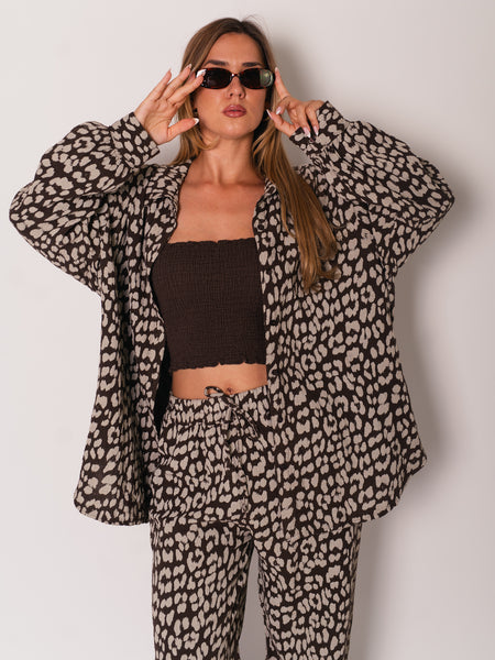 Leo Midi Waffle Bluse - Braun/Taupe