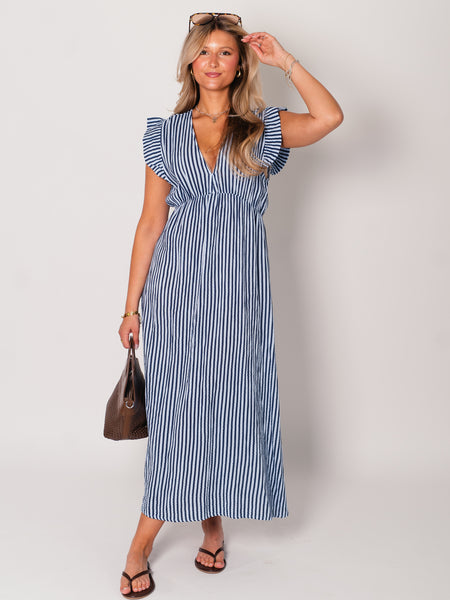 Leonora Stripes Musselin Kleid - Navy/Hellblau