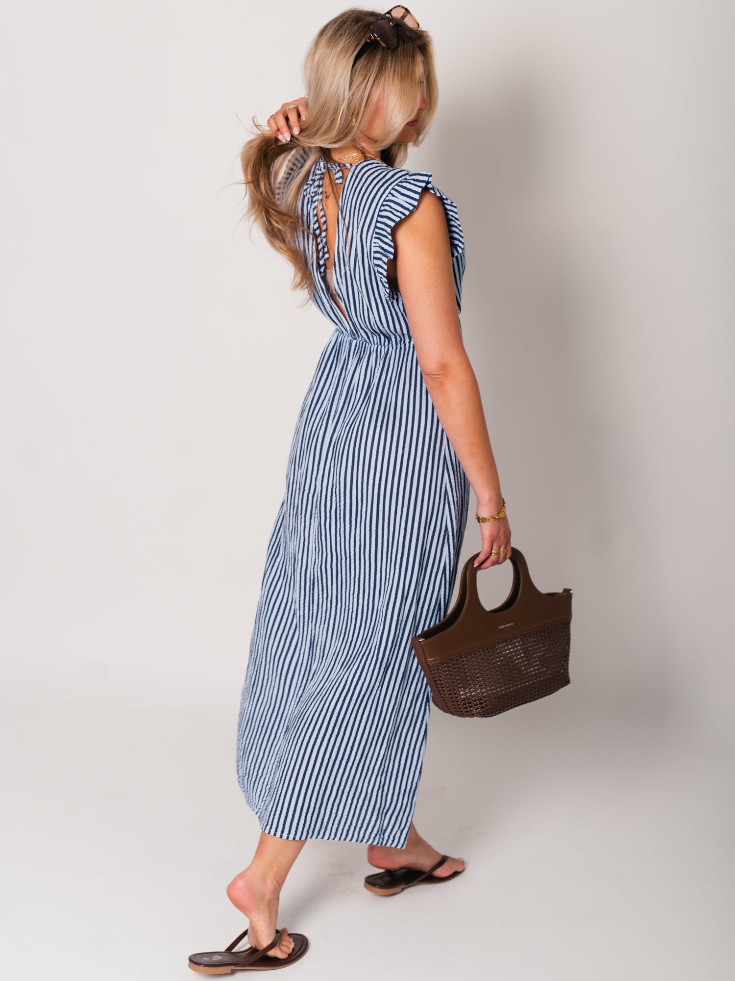 Leonora Stripes Musselin Kleid - Navy/Hellblau