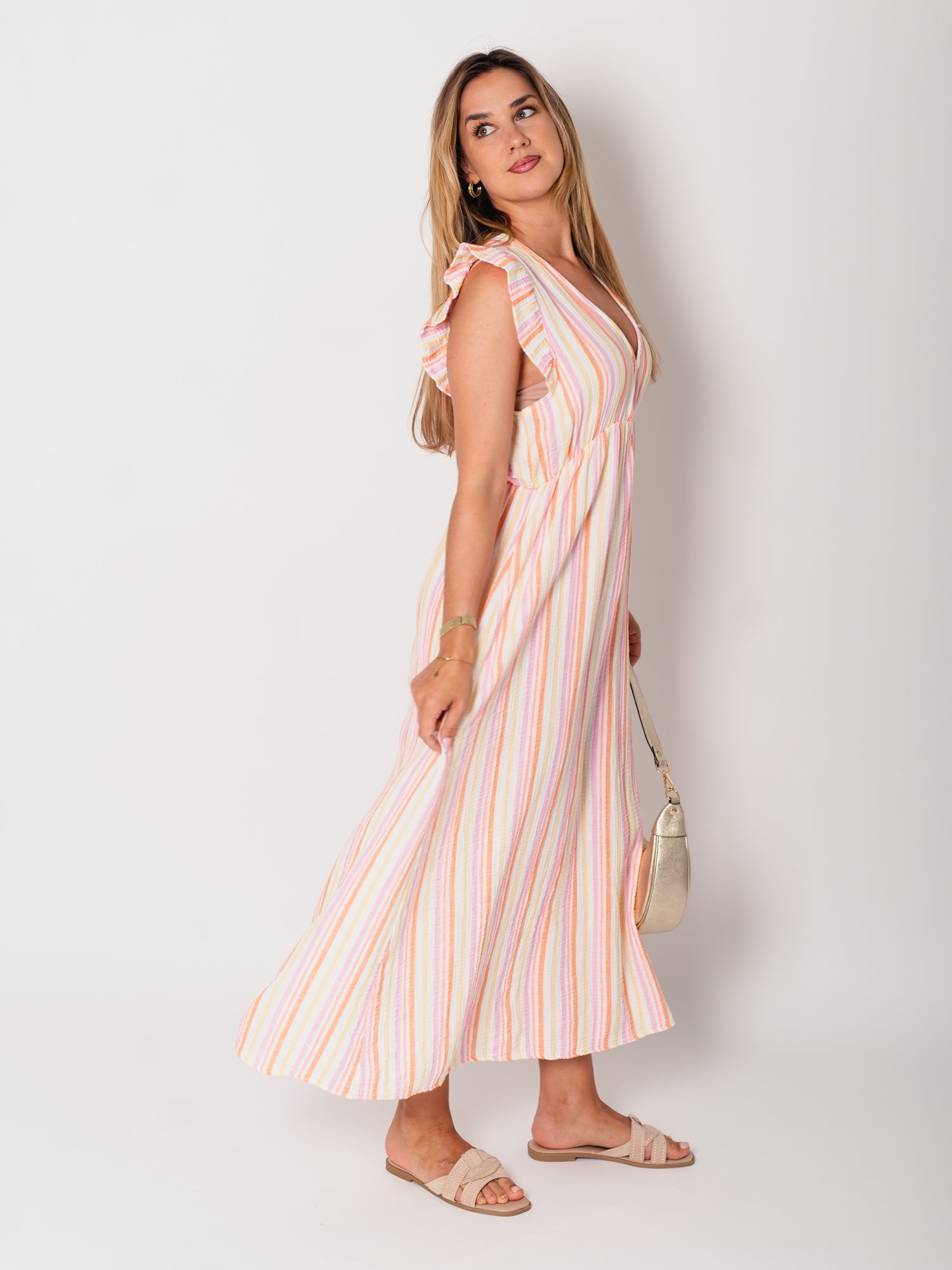 Leonora Stripes Musselin Kleid - Bunt/Orange