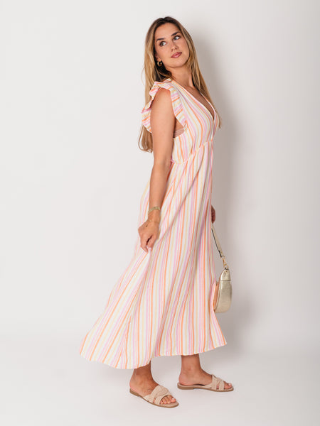 Leonora Stripes Musselin Kleid - Bunt/Orange