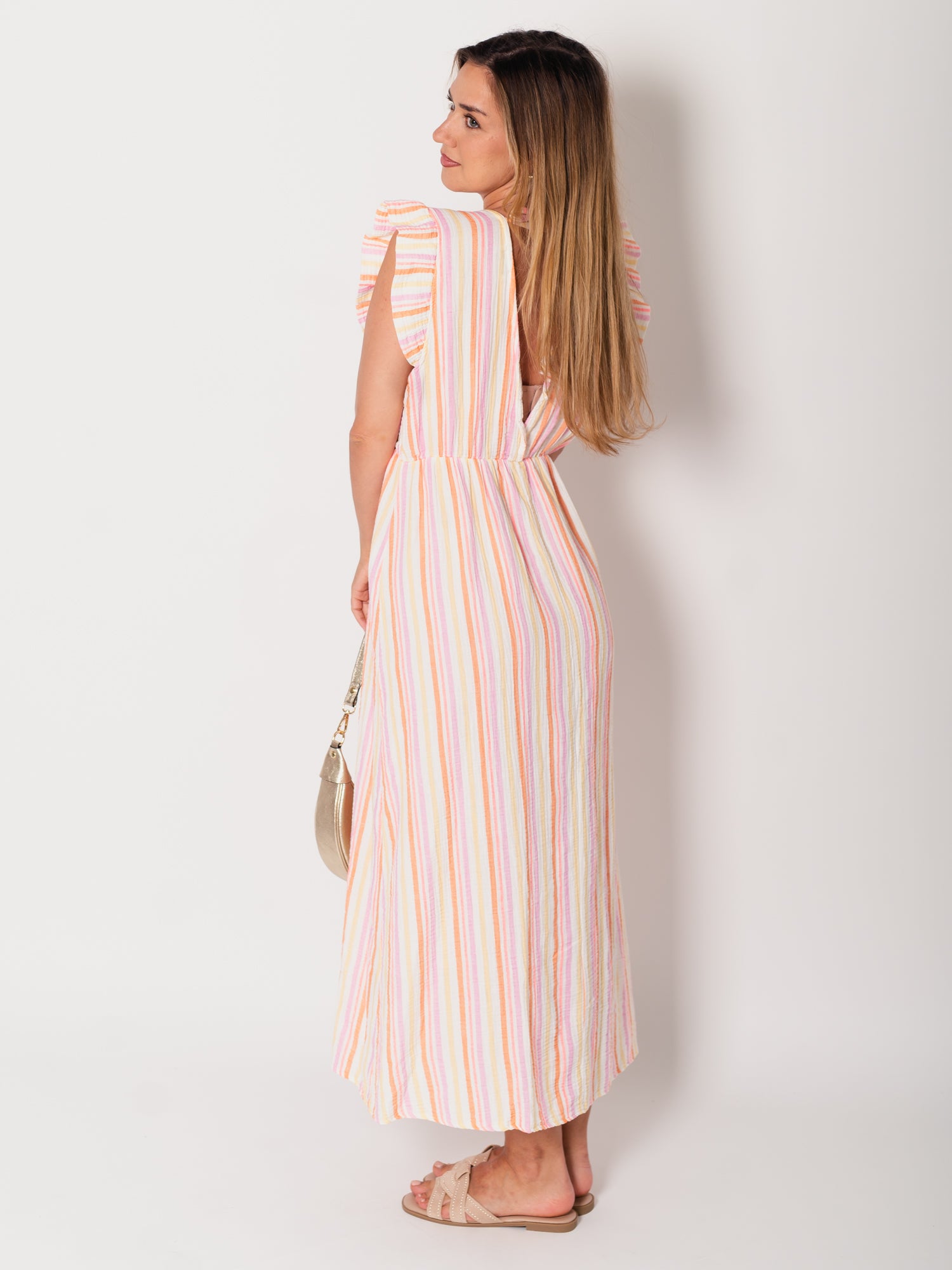 Leonora Stripes Musselin Kleid - Bunt/Orange