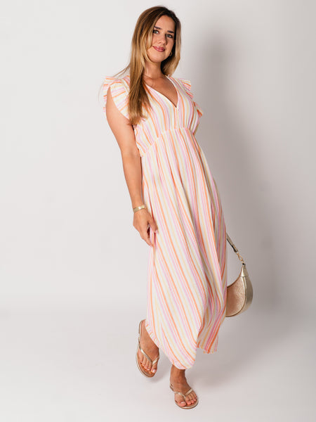 Leonora Stripes Musselin Kleid - Bunt/Orange