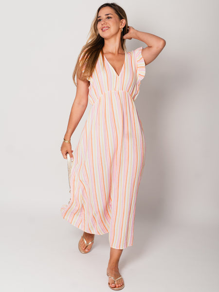 Leonora Stripes Musselin Kleid - Bunt/Orange