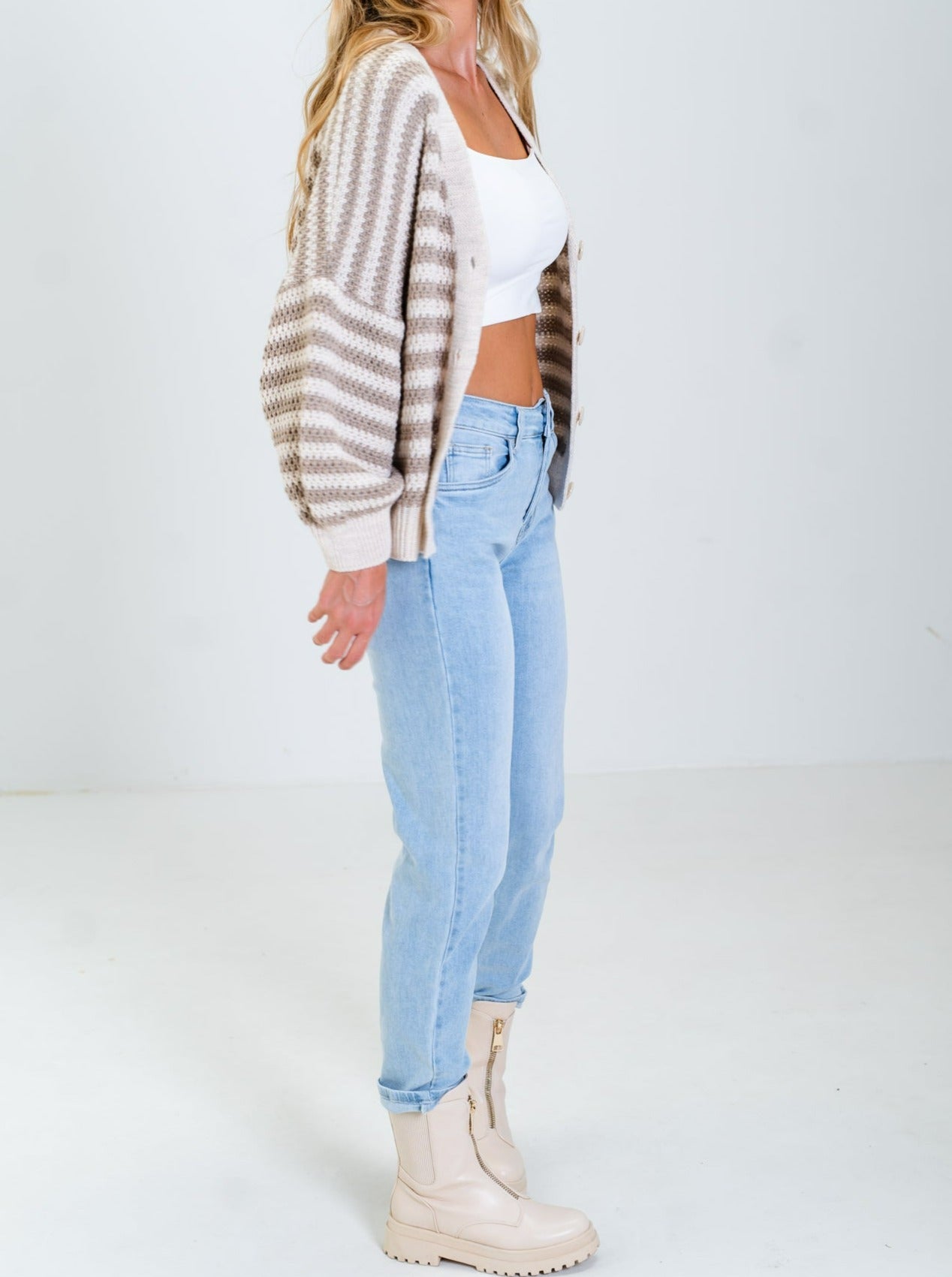 Kelly Cardigan - Taupe/Weiß