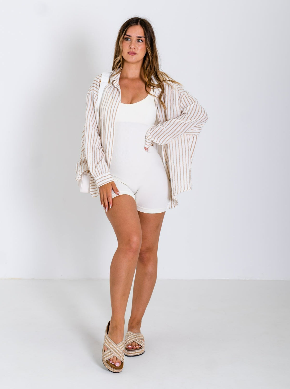 Midi Streifen Musselin Bluse - Creme