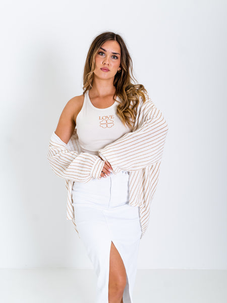 Midi Streifen Musselin Bluse - Creme