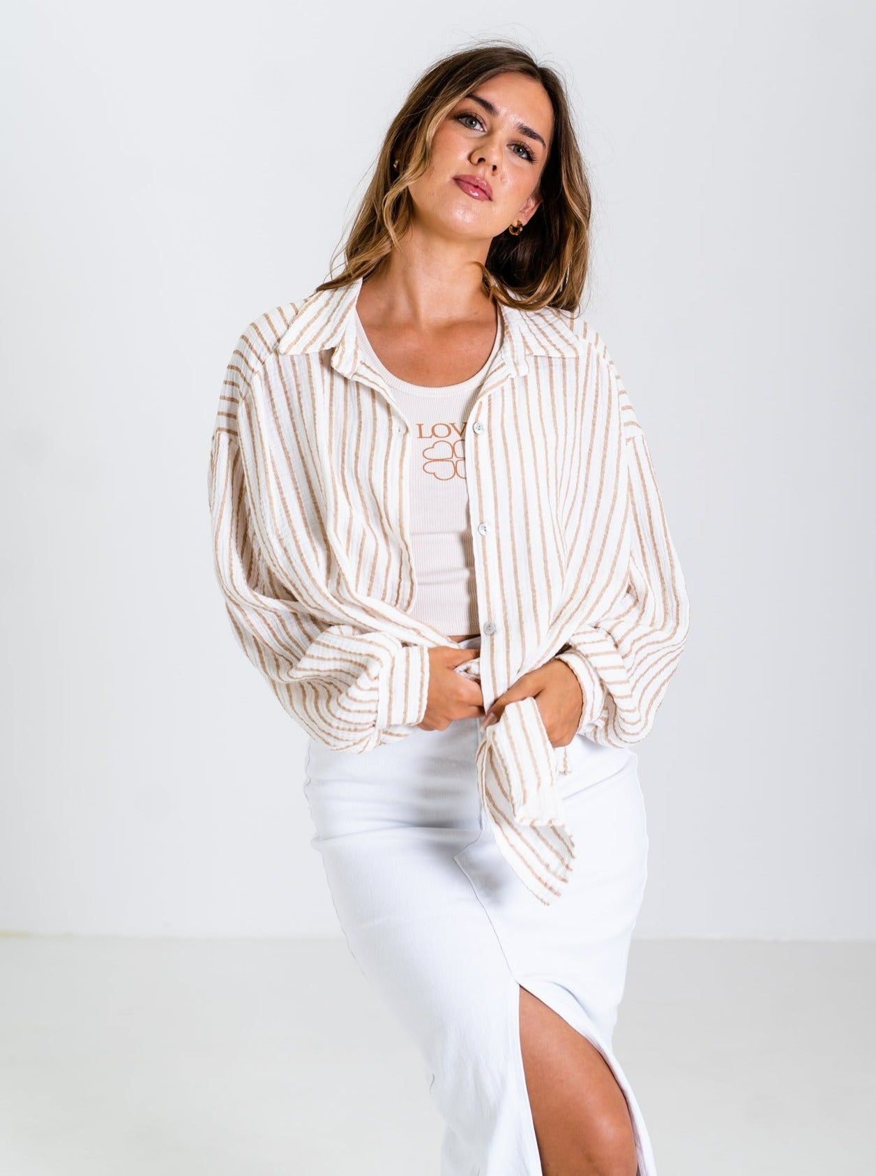 B-Ware 323. Midi Streifen Musselin Bluse - Beige